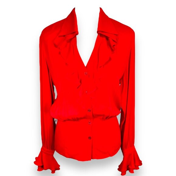 Vintage ESCADA Womens Silk Red Spanish ruffle Flare Long Sleeve Blouse 34 / S - Picture 2 of 16